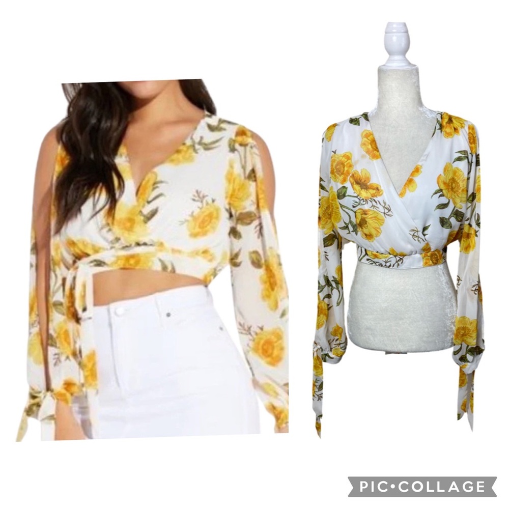 Favlux White & Yellow Floral Print Chiffon Cold Shoulder Crop Top Size Large - Picture 2 of 10